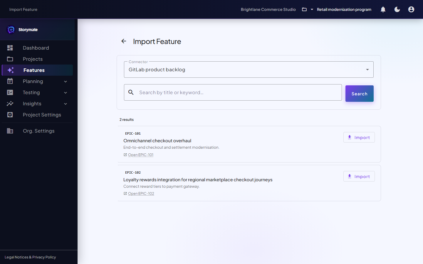 Storymate feature import screen