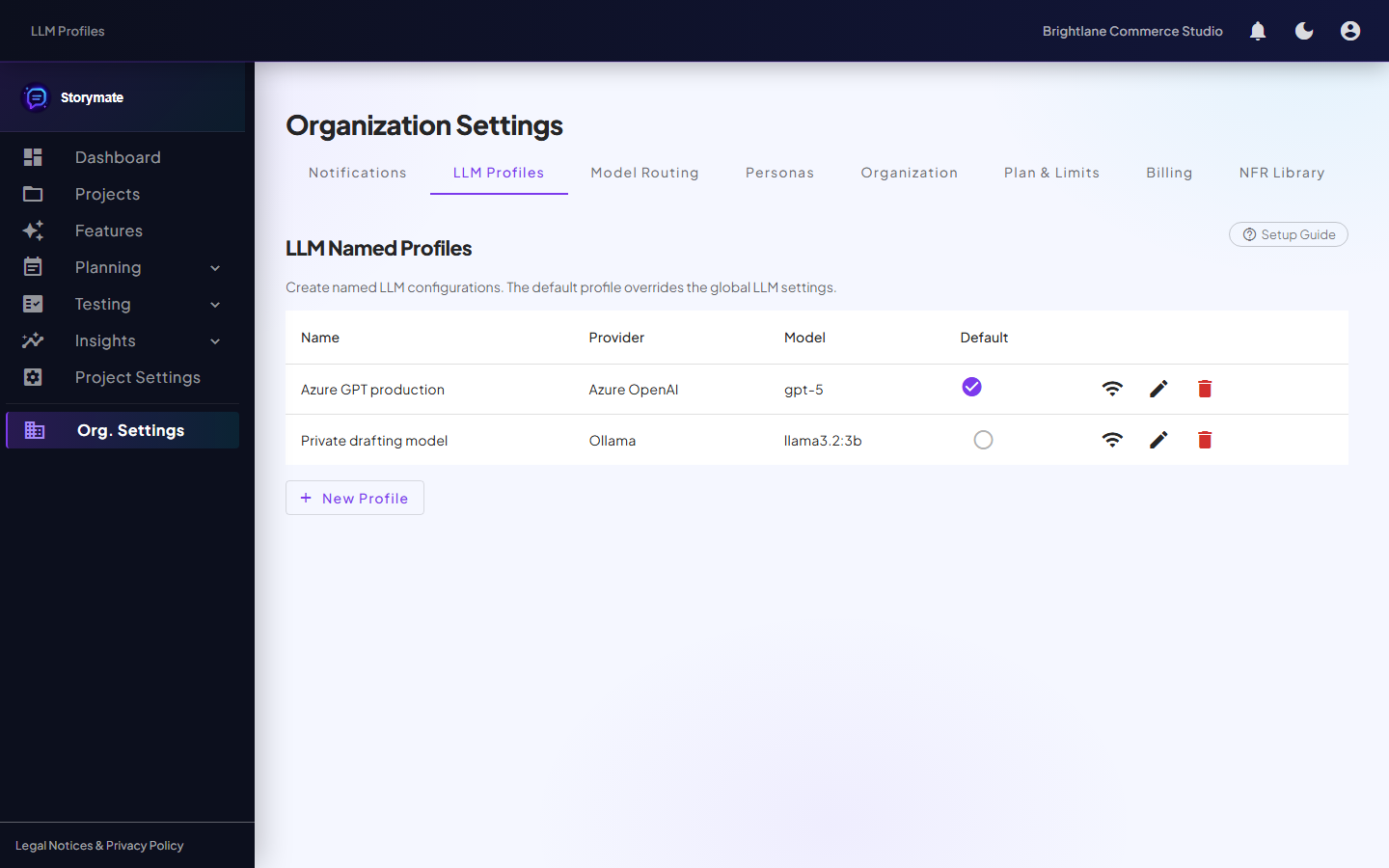 Storymate LLM profiles configuration screen