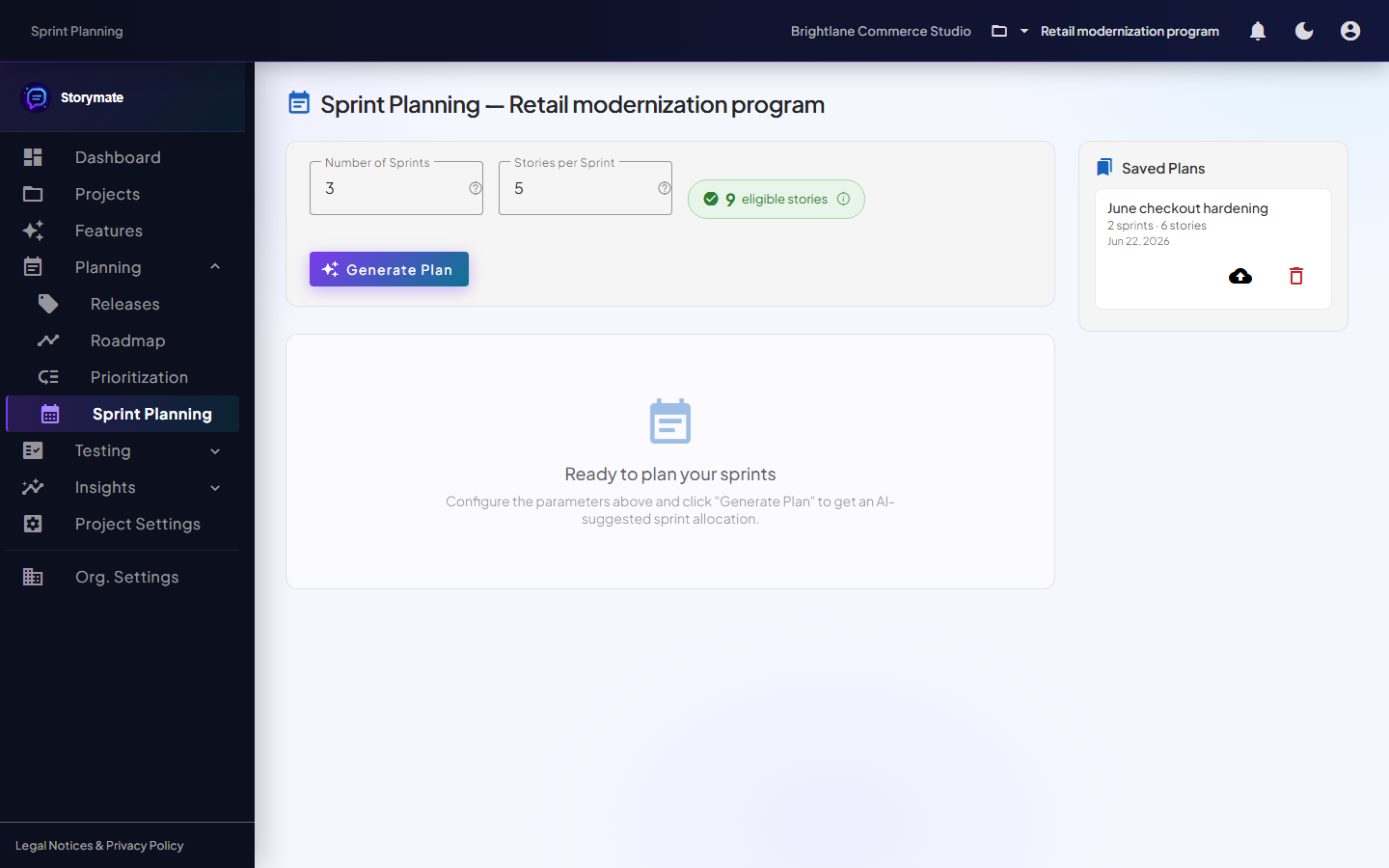 Storymate sprint planning screen
