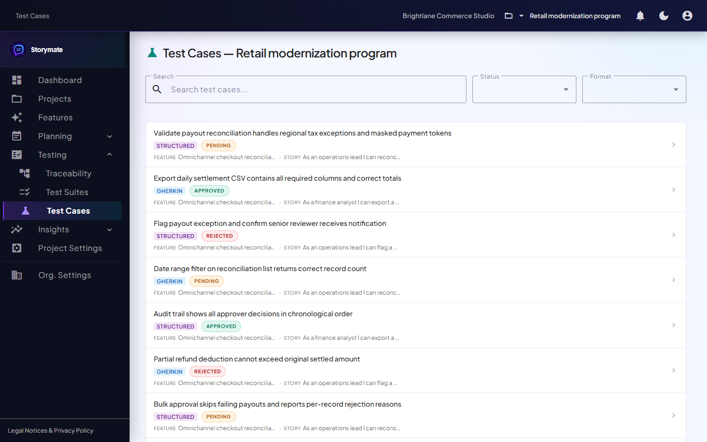 Storymate test cases screen